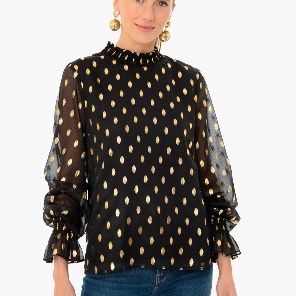 POMANDER PLACE S Celeste Ruffle Blouse Metallic Gold Dot Top SOLD OUT Tuckernuck